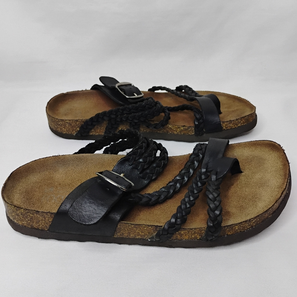 Women's 7.5 White Mountain Hayleigh Strappy Black Braided Leather Buckle Sandals - Picture 3 of 15